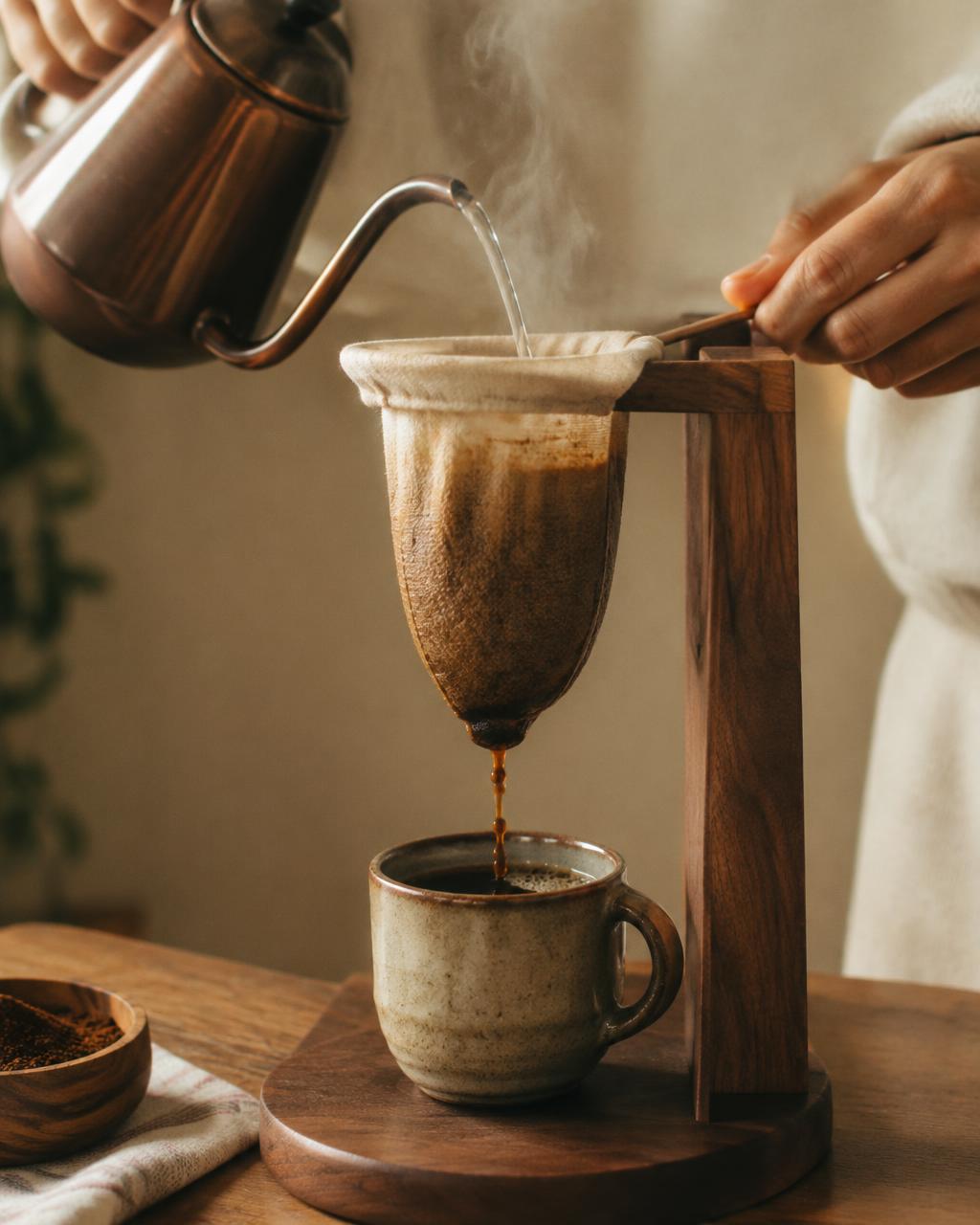 Café chorreado en chorreador de madera